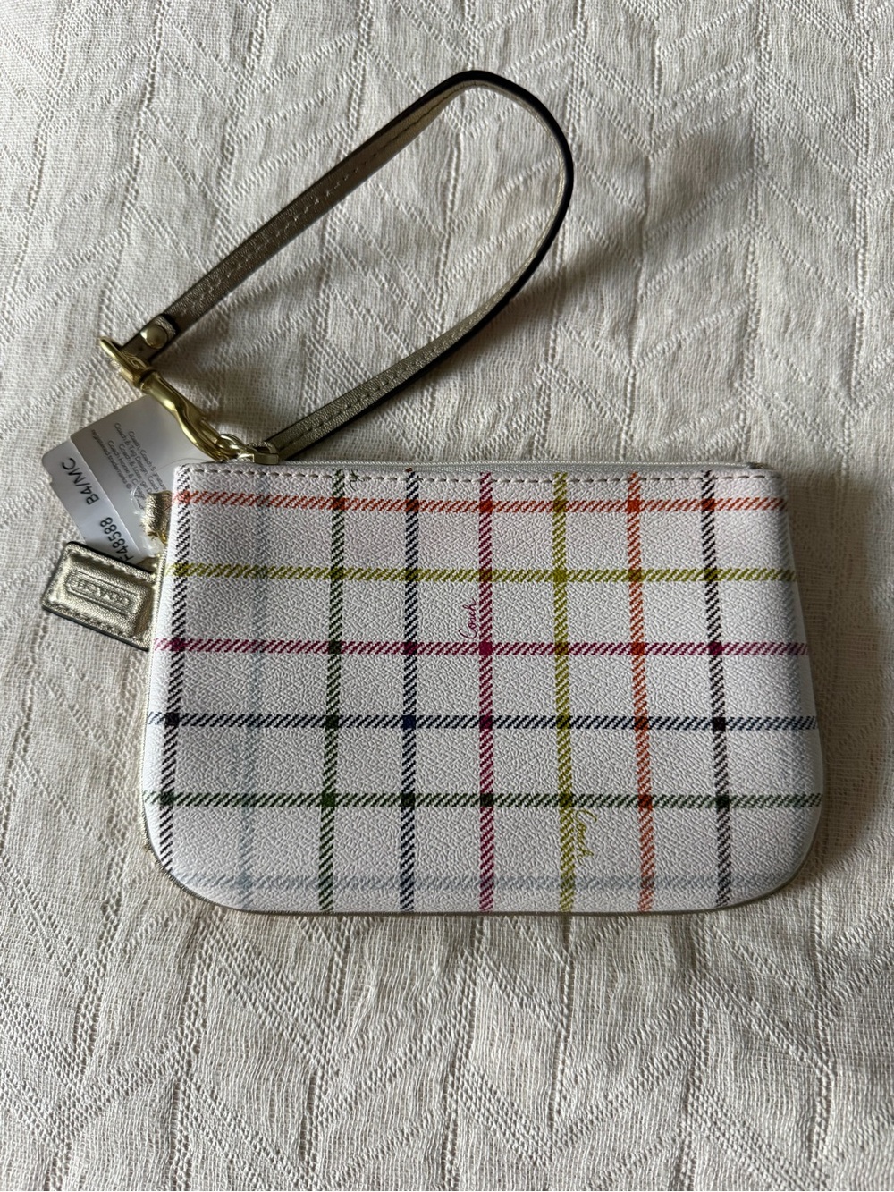 Coach Multicolor Plaid White Wristlet with Gold-Tone Strap